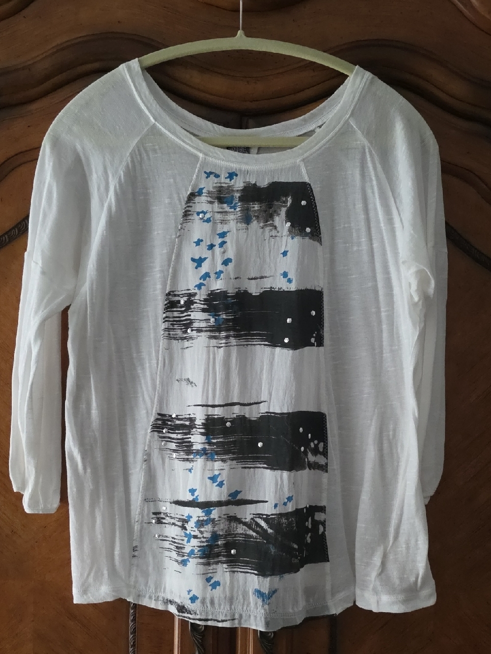 Free People White Long Sleeve Graphic Top with Black and Blue Accents